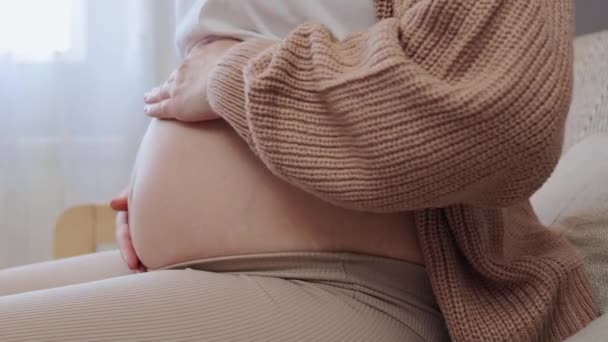 そして期待 美しい妊娠中の女性は 赤ちゃんの誕生を待っている愛するリビングルームでソファーに座っている間 彼女の腹に手を握ります — ストック動画