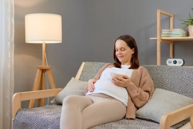 Hamilelikte sağlıklı beslenme. Tatmin olmuş hamile bir kadın karnını okşuyor kanepeye oturmuş taze atıştırmalıklarla mutlu hamilelik zamanları geçiriyor.