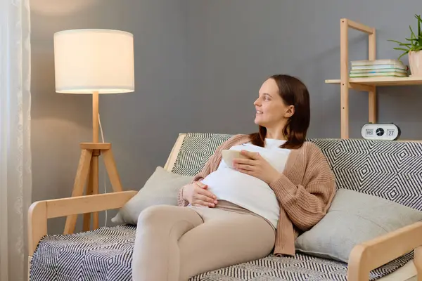 Expectant Mother Resting Home Smiling Pregnant Woman Sitting Sofa Holding — Stock Photo, Image
