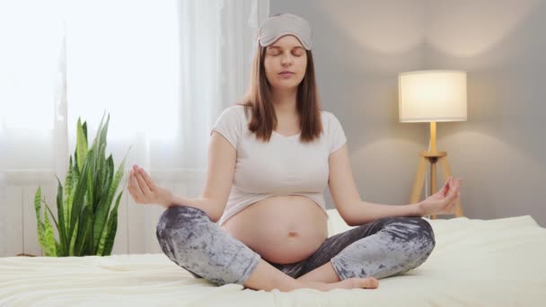 Nilüfer Çiçekli Yatakta Oturmuş Yoga Yapan Rahat Hamile Bir Kadın — Stok video