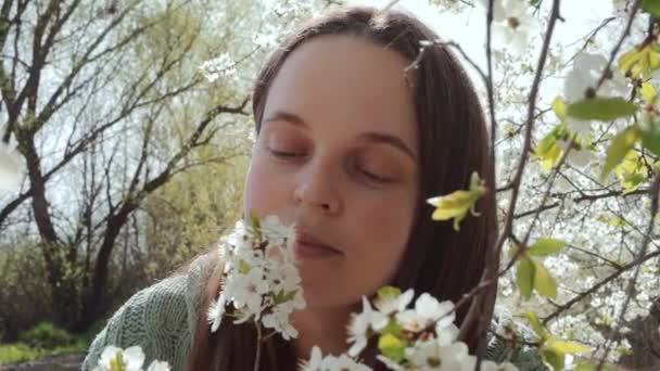 Wanita Dewasa Muda Kaukasia Bersin Saat Berpose Antara Pohon Ceri — Stok Video