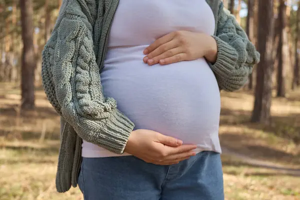 Unrecognizable Anonymous Pregnant Woman Waking Spring Forest Wearing Knitted Jumper — Stock Photo, Image