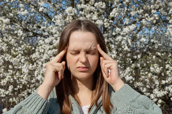 Sad Upset Young Woman Having Allergy Symptoms Blooming Tree Pollen Royalty Free Stock Photos