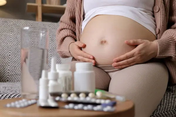 Unrecognizable Unhealthy Ill Pregnant Woman Sitting Sofa Home Big Variety Stock Picture