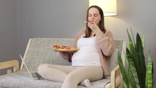 快乐的白种人孕妇一边在家里享受披萨 一边在笔记本电脑上看有趣的东西 同时坐在客厅的沙发上 — 图库视频影像