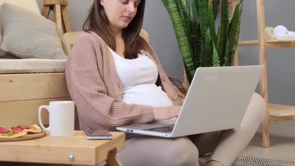 母性休暇中にソファーに座ってコーヒーや紅茶のリモートワークを飲んでいる間 彼女のノートに書いている美しいダークハイレッド妊娠中のビジネス女性 — ストック動画