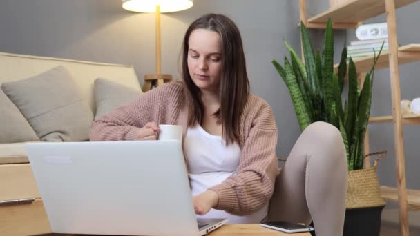 怀孕自由职业 以黑发孕妇为主要对象 使用笔记本电脑上网工作 一边做远程工作一边喝茶 一边喝咖啡 — 图库视频影像