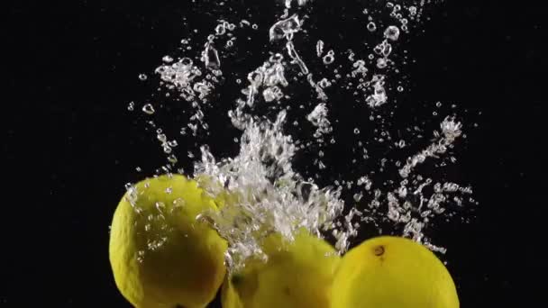 Grupo Limões Orgânicos Frescos Caindo Água Com Respingo Fundo Preto — Vídeo de Stock
