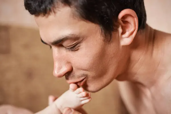 Love Child Closeup Brunette Handsome Man Newborn Baby Father Kisses Stock Picture