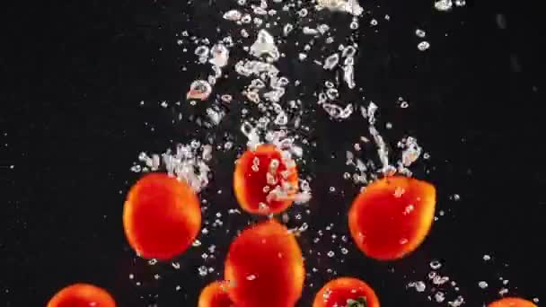 Κόκκινες Βιολογικές Ντομάτες Πέφτουν Στο Νερό Φυσαλίδες Αέρα Μαύρο Φόντο — Αρχείο Βίντεο