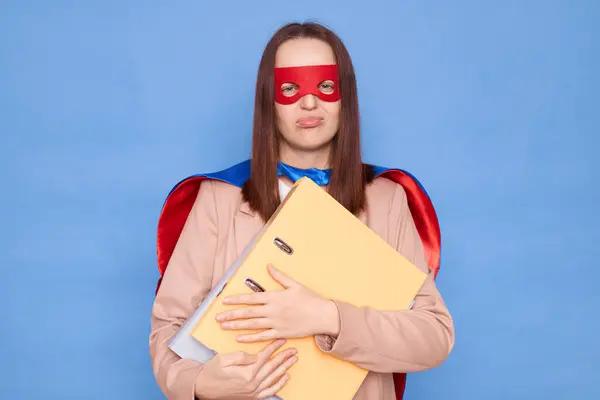 Sad Upset Woman Wearing Superhero Costume Mask Holding Folders Isolated Stock Picture