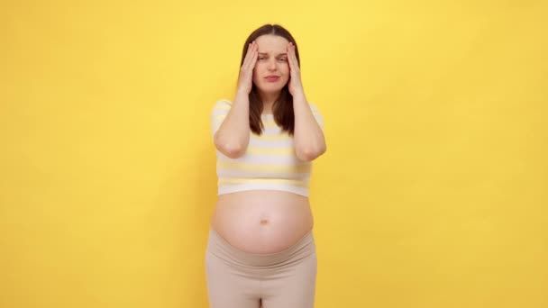 赤ちゃんについてのパニック発作マッサージヘッドの心配を感じた黄色の背景の上に隔離されたカジュアルなベリーを身に着けている神経質な白人妊婦 — ストック動画