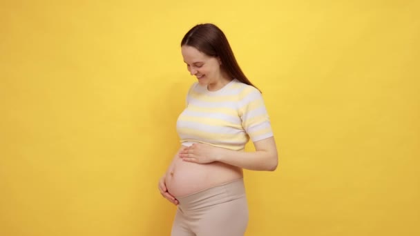 Entzückte Braunhaarige Kaukasische Schwangere Frau Mit Nacktem Bauch Trägt Lässiges — Stockvideo