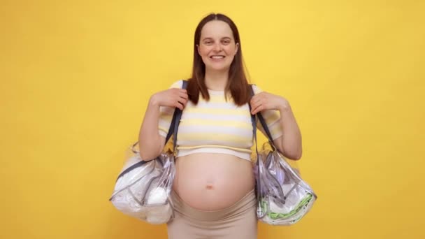 Happy Delighted Caucasian Pregnant Woman Bare Belly Wearing Casual Top — Stock Video
