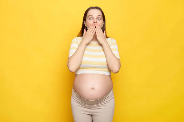 Shocked Astonished Caucasian Pregnant Woman Bare Belly Wearing Casual Top Stock Photo
