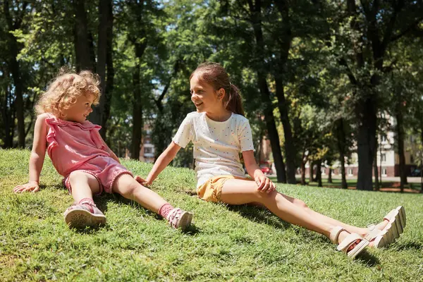 Sevimli, neşeli, mutlu iki küçük kız kardeş parkta çimenlerde oturup birbirlerine bakıyorlar dinleniyorlar ve gülüyorlar. Mutlu bir şekilde hafta sonunu dışarıda geçiriyorlar.