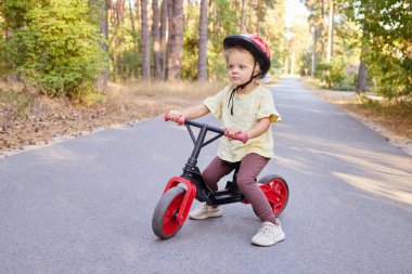 Koruyucu kask takan küçük bir kız. Oyuncak bisikletini parkta itiyor. Yazın dışarıda oynuyor.