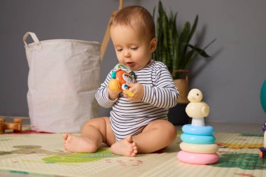 Küçük bir çocuk renkli bir oyuncağa odaklanmış bir oyun hasırının üzerinde oturuyor. Yakınlarda, bir yığın yuvarlak oyuncak ve küçük bir ördek figürü parlak bir odadaki neşeli atmosfere eklenir.