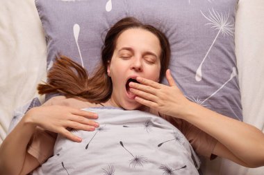 Bir kadın yatakta rahat bir şekilde uzanır, uyanır uyanmaz esner. Yumuşak yastıklar ve rahat bir battaniye etrafını sarar. Huzurlu bir sabah atmosferi yaratır..