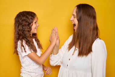 Bir anne ve kızı şakalaşarak birbirlerine beşlik çakarken mutlu bir anı paylaşıyorlar. Parlak sarı arkaplan, öğleden sonraları neşeli ifadelerini ve neşeli bağlantılarını güçlendirir..