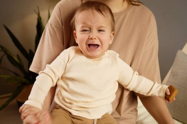 A baby bursts into tears while being held by a mother in a warm, inviting indoor space filled with plants. The mother comforts the child but seems unsure how to soothe the distress. clipart