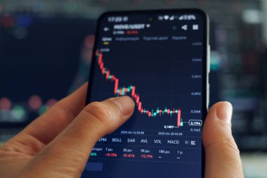 Bir kişinin elleri, daha büyük bir ekranda daha fazla dijital varlık verisini gösteren bulanık bir arka plana karşı, ağırlıklı olarak kırmızı şamdanlarla azalan bir kripto para birimi ticaret grafiğini gösteren bir akıllı telefonu tutuyor.