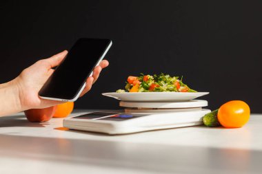 Sağlıklı beslenme ve yemek için salatayı mutfak ölçeğinde takip etmek için akıllı telefon kullanmak. Sağlıklı olmak için beslenme günlüğü
