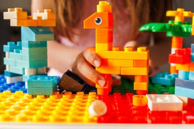 Çocuğun elinde renkli bir yapı taşı zürafası var. Parlak güneş ışığına sahip bir oyuncakçıyla yaratıcı bir oyun ve yaratıcılık ürünü..