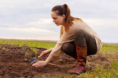 Bahçeye fide eken genç bir kadın. Toprak eken çiftçi. Tarım, doğa, büyüme.