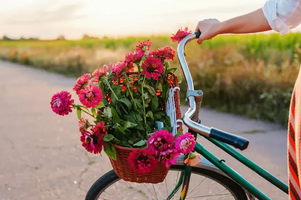 Bir sepet dolusu canlı pembe ve mor çiçekli eski bir bisikletin gidonu. Bir insanın eli sapında ve sağ tarafta çizgili bir elbise görülebilir..