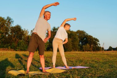 Olgun çift gün batımında çimenli bir tarlada yoga yapıyor..