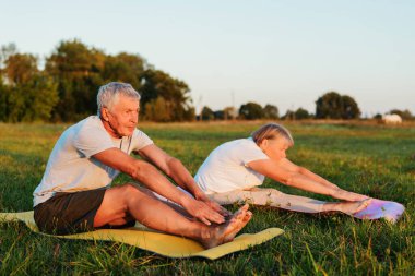 Önde oturan olgun bir çift güzel bir günbatımında çimenli bir tarlada yoga yapıyor..