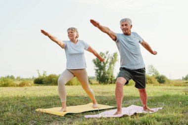 Savaşçı pozu veren aktif kıdemli çift sağlıklı ve barışçıl bir emeklilik sergiliyor.
