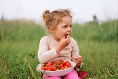 Neşeli bir kız yeşil çimenlerde oturur, olgun çileklerin tadını çıkarır, doğanın güzelliğine daldırır kendini..