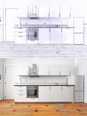 Illustration sketch and achievement of a Empty apartment with modern kitchen and designed hardwood floor clipart