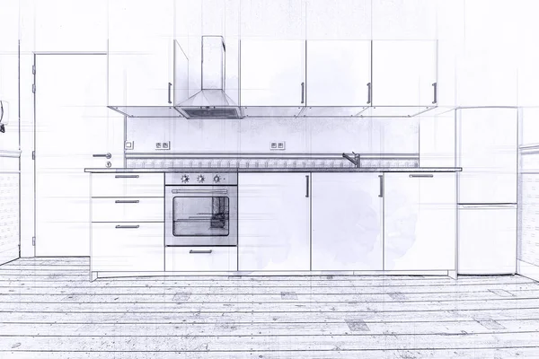 Ilustracja Szkic Pustego Mieszkania Nowoczesną Kuchnią Zaprojektowaną Drewnianą Podłogą — Zdjęcie stockowe