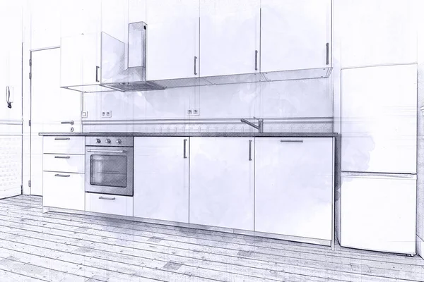 Illustrazione Schizzo Appartamento Vuoto Con Cucina Moderna Pavimento Legno — Foto Stock