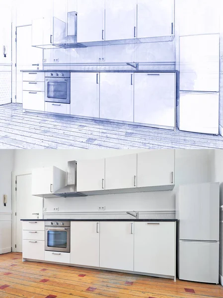 Desenho Ilustrativo Realização Apartamento Vazio Com Cozinha Moderna Piso Madeira — Fotografia de Stock