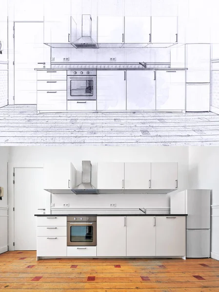 Desenho Ilustrativo Realização Apartamento Vazio Com Cozinha Moderna Piso Madeira — Fotografia de Stock