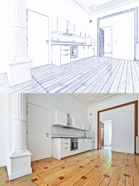 モダンなキッチンと設計された堅木の床と空のアパートのイラストのスケッチと達成 ストック画像