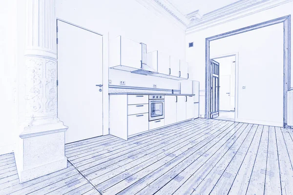 モダンなキッチンと設計された堅木の床と空のアパートのイラストスケッチ ストックフォト