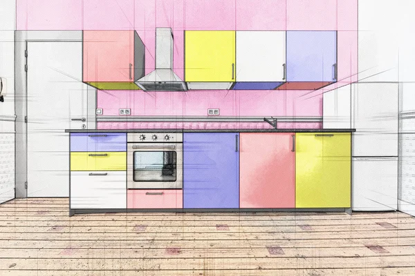 带有现代化厨房和设计的硬木地板的空公寓的示意图 — 图库照片