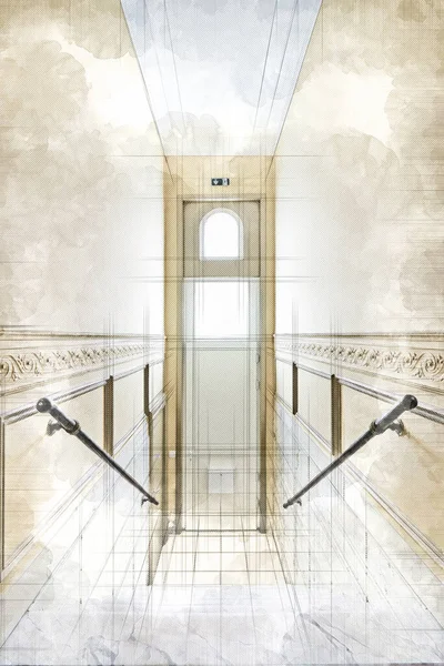 Иллюстрационный Эскиз Входной Двери Мраморной Лестницы Отреставрированном Особняке — стоковое фото