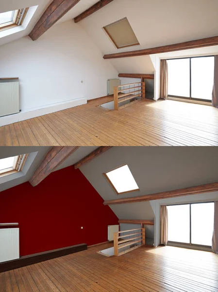 Renovated Interior Attic Hardwood Floor Empty Room Painting — Stock Photo, Image