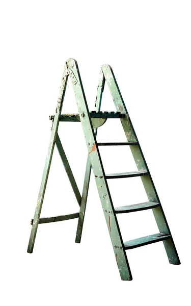 Grungy Green Wooden Stepladder Isolated White Clipping Path — Stock Photo, Image