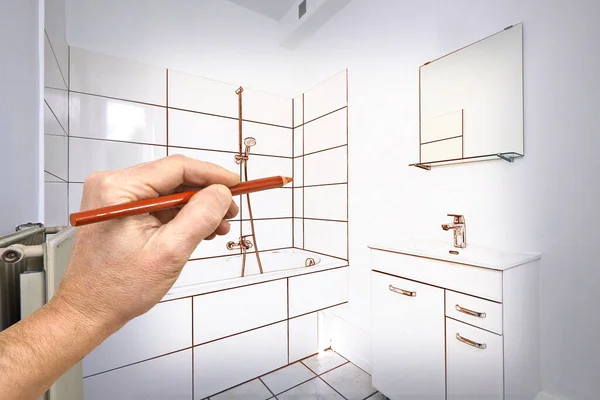 高級バスルーム不動産ホーム シャワー改修工事を図面 ロイヤリティフリーのストック画像