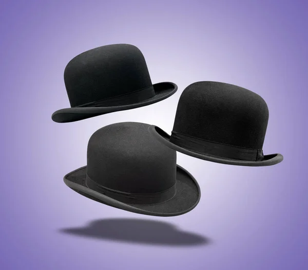 Πλωτό Σετ Από Κομψό Μαύρο Καπέλο Μπόουλερ Μωβ Χρώμα Κλίση — Φωτογραφία Αρχείου