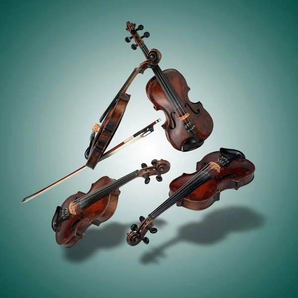 Drijvende Set Van Klassieke Viool Instrument Groene Helling Achtergrond — Stockfoto