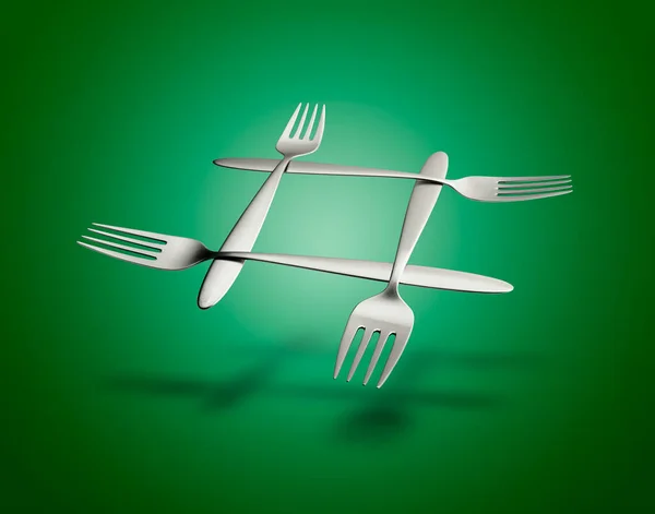 Floating Four Interlaced Silver Forks Green Gradient Background — Stock Photo, Image
