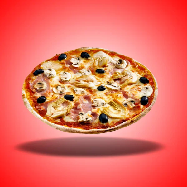 Floating Pizza Siciliana On Red Radial Gradient Stock Photo